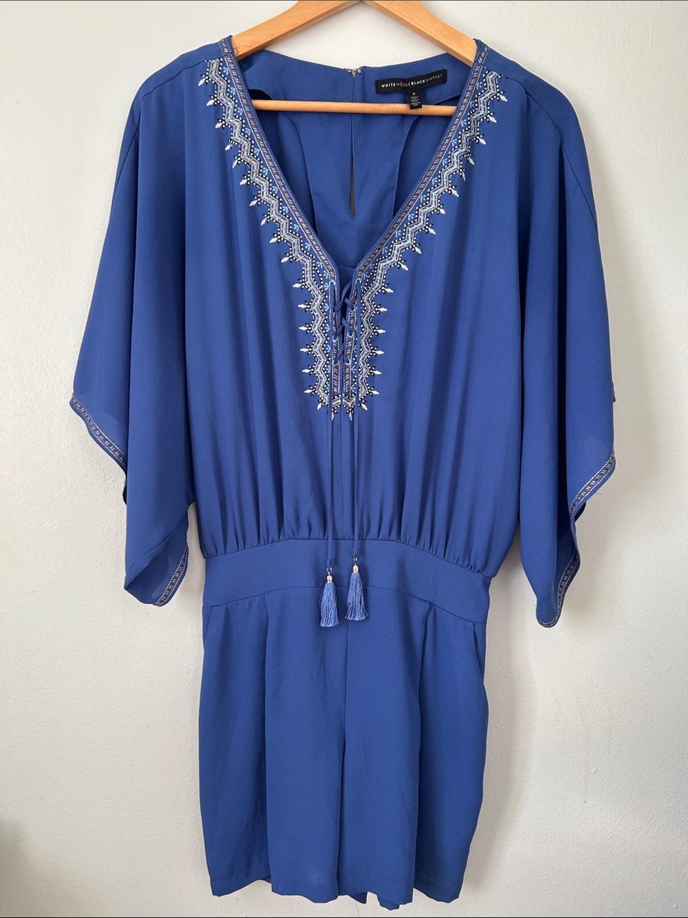 White House Black Market Blue Embroidered Tassel Romper Size 6